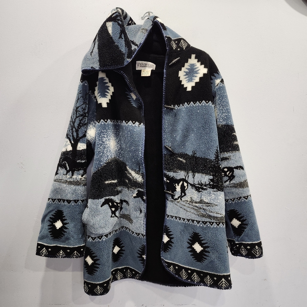 Vintage Country Woods Landscape Running Horses Fleece Button Up Jacket